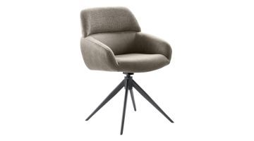 Grijze draaibare armstoel met microvezel zitting en zwarte metalen kruispoot tegen witte achtergrond