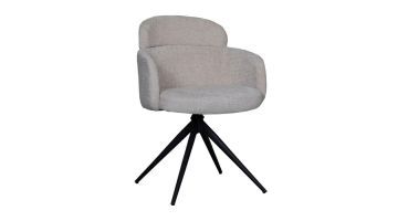 Draaibare eetkamerstoel Levi in naturel stof schuin van voren met zwart metalen onderstel en afgeronde rug