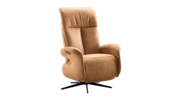 Relaxfauteuil Westlake in caramelkleurige microvezel met lederlook en zwarte metalen poot vooraanzicht
