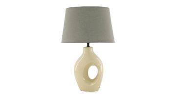 Tafellamp Kandy van Profijt Meubel met keramische voet in lichte tint en stoffen lampenkap in taupe kleur