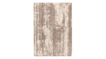 Rechthoekig hoogpolig vloerkleed in gemêleerde beigetinten met een speels patroon, bovenaanzicht van het volledige kleed