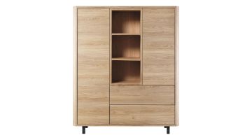 Wandkast Lirona old oak met twee deuren, twee laden, drie open vakken en zwarte metalen pootjes op witte achtergrond.