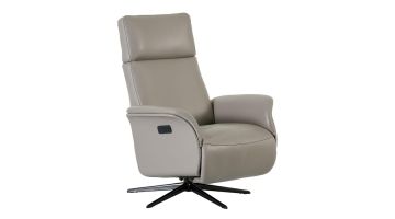 Grijze leren relaxfauteuil met hoge rug en zwarte draaivoet zijaanzicht