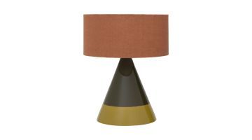 Keramieken tafellamp met conische voet in kalamata groen en roestbruine linnen kap