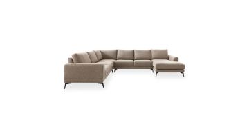 Hoekbank Flandria van Profijt Meubel in kleur desert met chaise longue en zwarte metalen poten