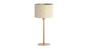 Tafellamp Boreray met beige ronde lampenkap en slanke voet in houtlook op ronde basis