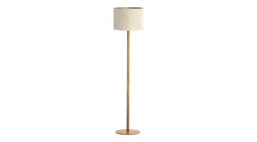 Vloerlamp Boreray met beige ronde lampenkap en slanke voet in houtlook op ronde basis