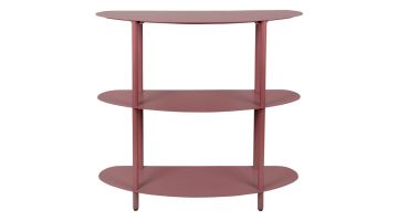 Metalen kast in burgundy rood met drie afgeronde planken en slanke poten, frontaal weergegeven tegen lichte achtergrond