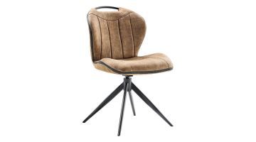 Draaibare eetkamerstoel in taupe microvezel met zwart metalen onderstel en verticale stiknaden in de rugleuning