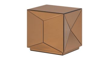 Kubusvormige bijzettafel Glintz in bruin spiegelglas met geometrische vlakken en donkere lijnen op witte achtergrond