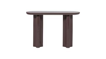 Donkerbruine sidetable Evara met hoogglans blad en twee speelse cilindervormige poten op witte achtergrond