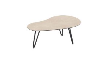 Organische salontafel Hano met licht HPL blad en zwarte metalen poten