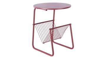 Ronde metalen bijzettafel in burgundy rood met geïntegreerd draadstalen magazinevak
