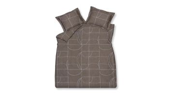 Puzzle dekbedovertrekset in espresso van Vandyck met grafisch lijnpatroon in lichtblauw op een warme bruine ondergrond