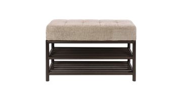 Schoenenbank Terra Drift Brown met lichtbruine gestoffeerde zitting en donker metalen frame met twee opbergvakken