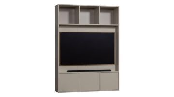 TV opbergkast in beige Dust kleur met open vakken bovenin en gesloten kastjes onder tv