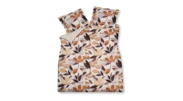 Dekbedovertrek met abstract bloemenpatroon in taupe en beige tinten op lichte achtergrond