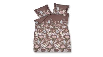 Bruin dekbedovertrek met bloemendessin in roze en crème tinten met bijpassende kussenslopen