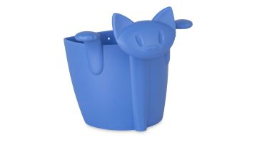 Blauw theezeefje in de vorm van een kat met haakjes om aan een mok te hangen