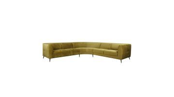 Hoekbank Wolcott met gebogen opstelling, groene stoffen bekleding en zwarte metalen poten.
