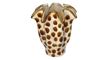 Keramieken vaas met bruine stippen en golvende rand op lichte basis