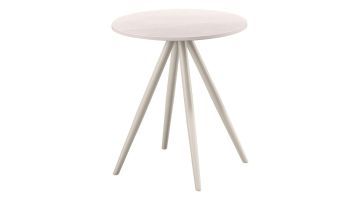 Ronde witte salontafel met keramisch blad en slanke lichtgekleurde poten