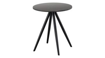 Ronde witte salontafel met keramisch blad en slanke lichtgekleurde poten