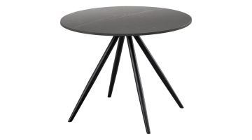 Ronde zwarte salontafel met keramisch blad in marmerlook en slanke zwarte poten