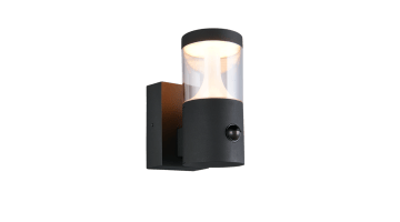 Buitenwandlamp Tagus met bewegingssensor in antraciet uitgevoerd in gegoten aluminium met transparante kap en geïntegreerde ledverlichting