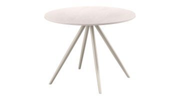 Ronde salontafel van 60 cm met wit keramisch blad en slanke lichtgekleurde poten