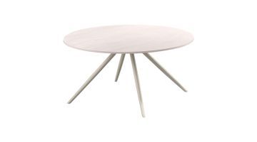 Ronde witte salontafel van 80 cm met keramisch blad en slanke lichtgekleurde metalen poten