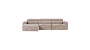 Grote chaise longue bank links in naturel melange stof met brede zitkussens en verstelbare rugdelen op witte achtergrond