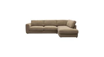 Hoekbank Matera in taupe stof met chaise longue rechts, frontaal op witte achtergrond