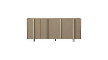 Breed mudkleurig dressoir met verticale lijnen en zes deuren op lichte poten
