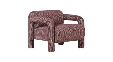 Fauteuil Lenny in bordeauxrode stof met grafisch dessin en afgeronde armleuningen op witte achtergrond
