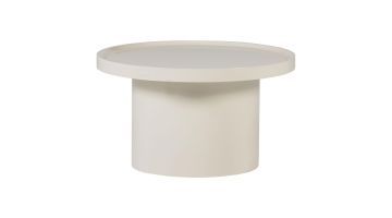 Ronde bijzettafel Veluna in zandkleur met hoogglans blad en brede cilindervormige poot op witte achtergrond