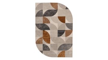 Groot vloerkleed met afgeronde hoek en grafisch patroon in beige, taupe, bruin en antraciet