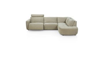 Hoekbank Rochelle in saliegroen met ottomane en afgeronde vormen op witte achtergrond