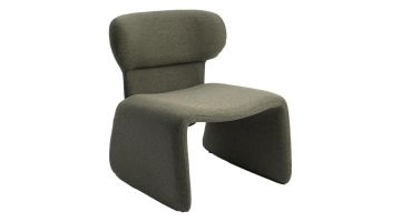 Olijfgroene fauteuil met ronde rugleuning en doorlopende zitting die overgaat in de poten