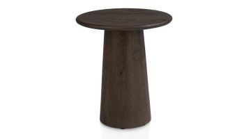 Ronde bijzettafel Ravello basalt met donkere houtstructuur en taps toelopende voet