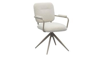 Eetkamerstoel Cielo Pearl met bouclé stof en metalen draaipoot schuin van voren