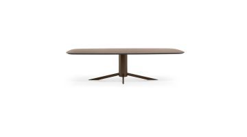 Eetkamertafel Dutchz 4301 in brons met organisch afgerond HPL-blad en kolompoot in Anodic Brown.