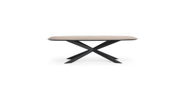 Eetkamertafel Dutchz 4301 met HPL-blad in marmerstructuur en zwarte metalen spinpoot.