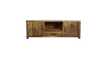TV-kast Wilshire 160 cm van massief hout met twee deuren, open vak en lade.