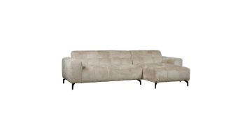 Elementenbank Wisdom in lichte bouclé met chaise longue en zwarte metalen poten.