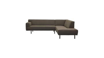 Donkergrijze hoekbank met chaise longue rechts en slanke metalen poten, vooraanzicht