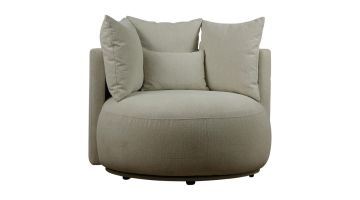 Draaibare Fauteuil Weyland met ronde zitting en losse rugkussens in lichtbeige stof.