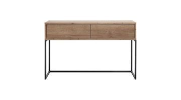 Sidetable donkerbruin met twee lades en zwart metalen frame tegen witte achtergrond