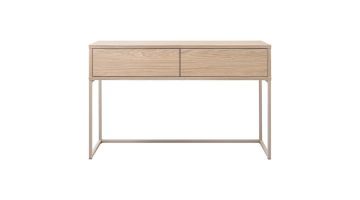 Sidetable Parete lichtbruin met twee greeploze laden en slank metalen frame op witte achtergrond