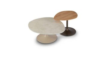 Salontafel Jakarta met organisch gevormd blad en licht aluminium onderstel